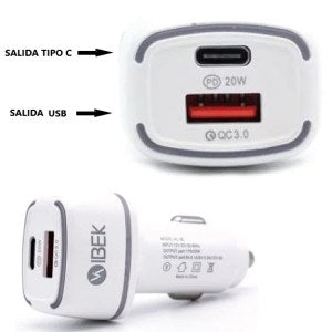 X50 Cargador Ibek/Mega Cabezal Auto  Salida Hembra Tipo C 20W + Salida Usb Auto Swich 5-9-12v