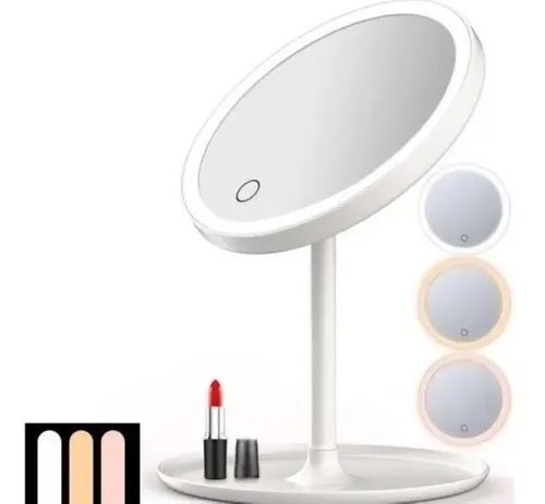Espejo Redondo Para Maquillaje Luz Led Táctil 3 Tonos Recargable