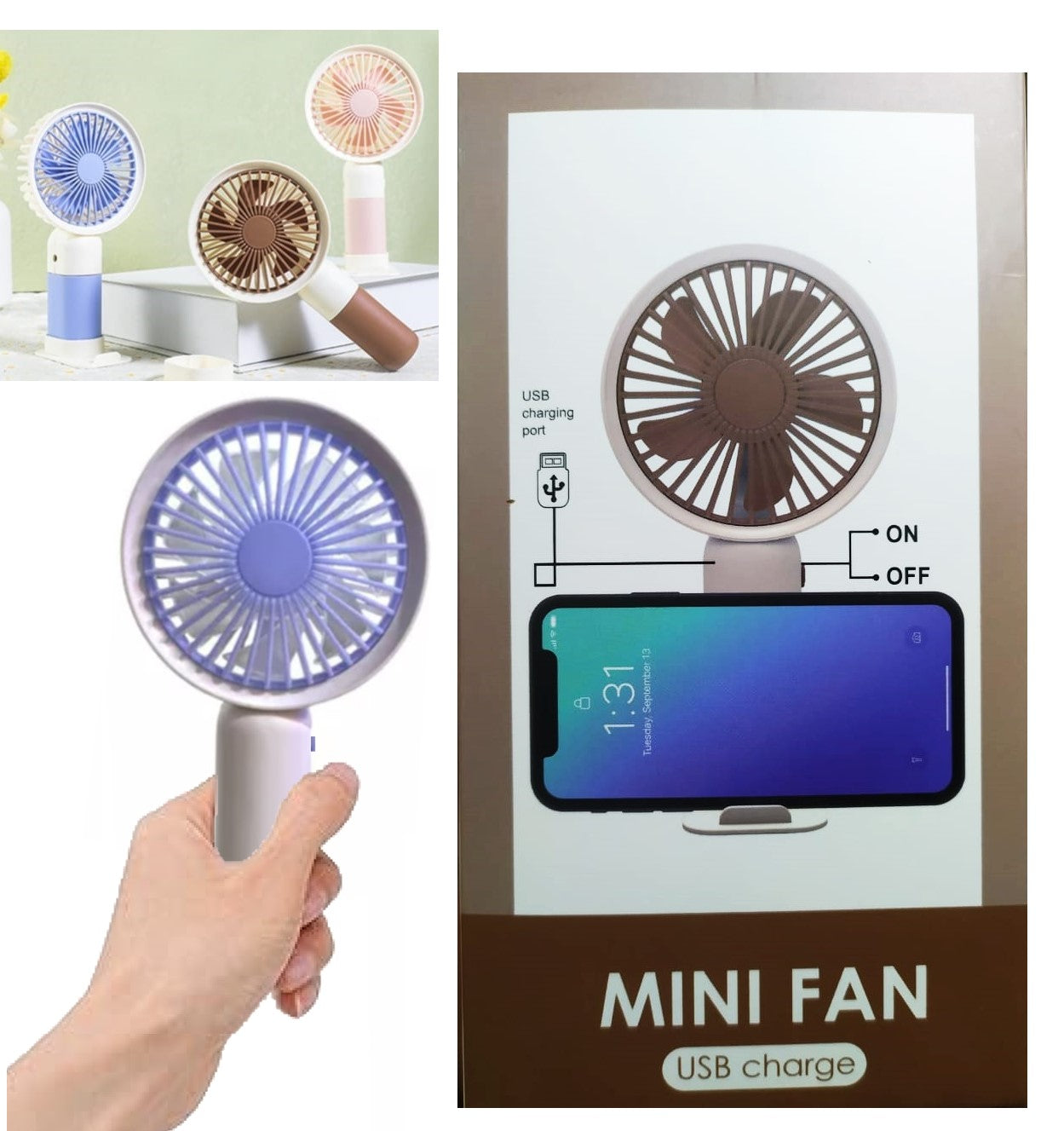 Ventilador de Mano 15X8cM Recargable + Pie Encastrable Con Porta celular, Color Blanco Con Lila