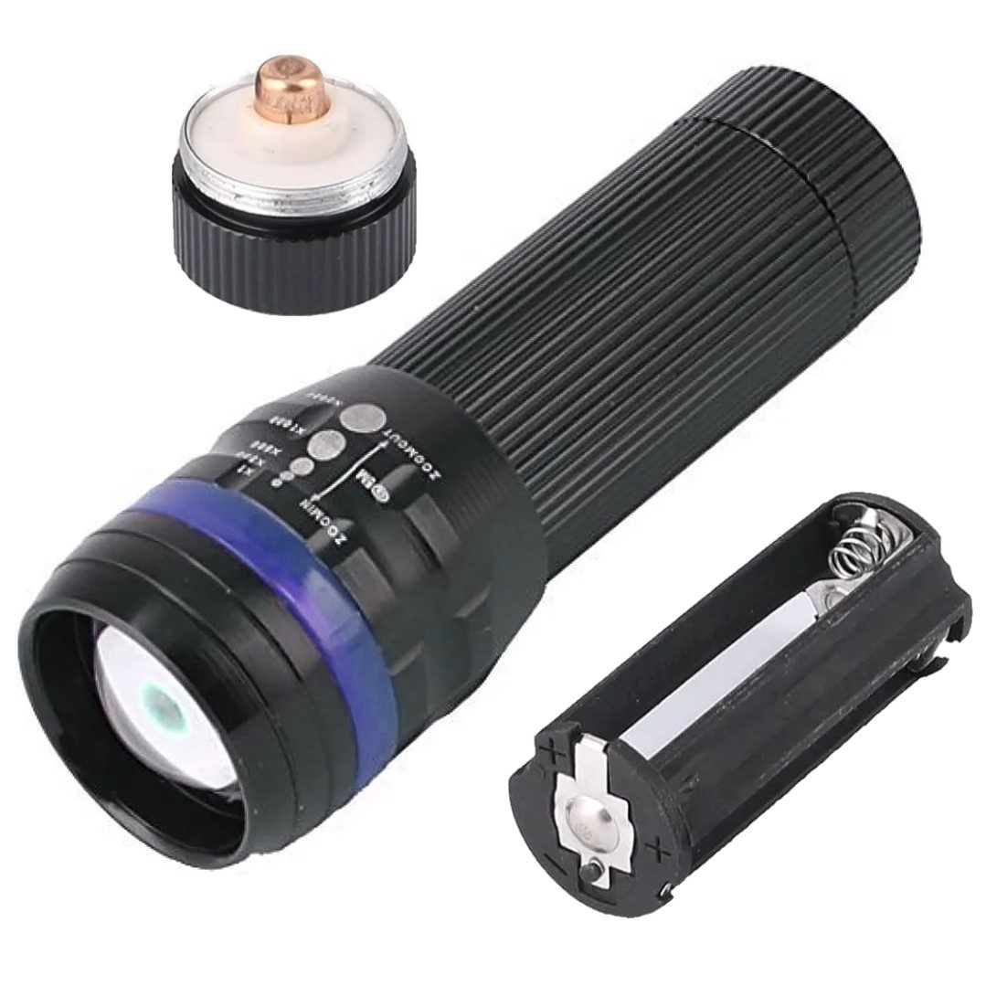 Linterna Táctica Led Lupa Zoom Carcaza Metal Color negro a 3 Pilas AAA (suelto)