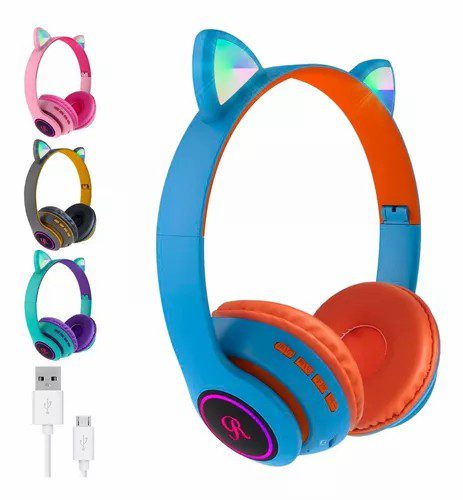 Auriculares EJ Inalámbrico Bluetooth Orejas De Gato Luces Rgb Vincha Color Azul