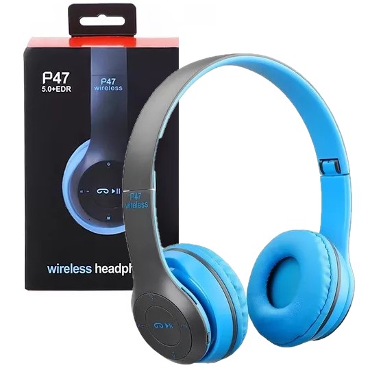 Auriculares Vincha P47+R Inalámbrico Radio Micro Sd Bt C/Mic Color Negro con Azul