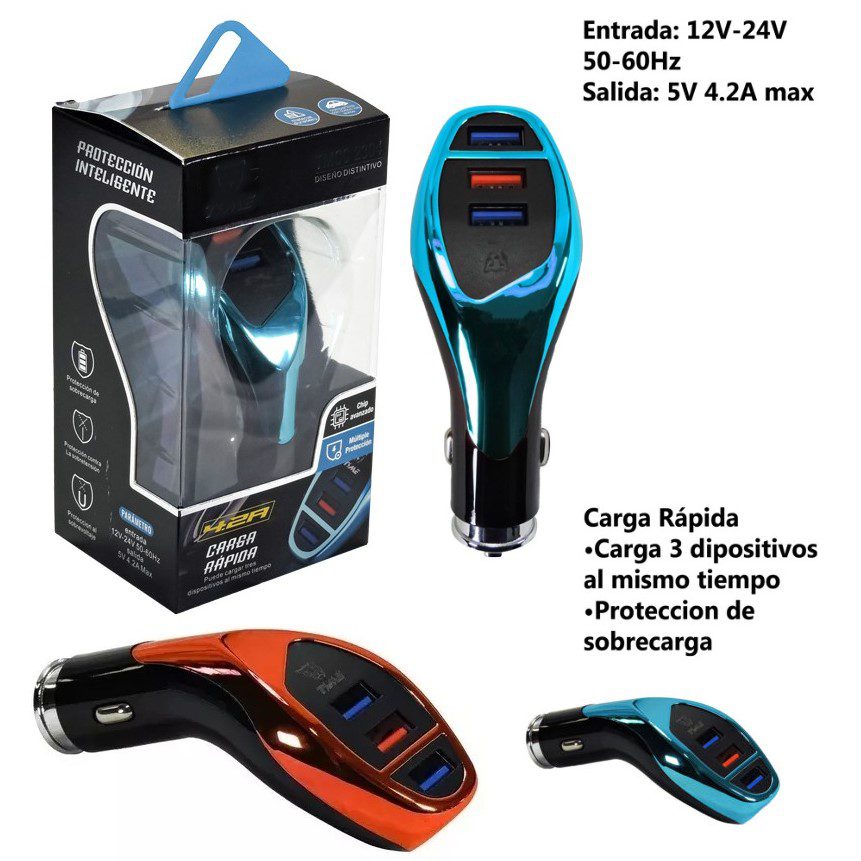 Cargador Cabezal 4.2 Premium Auto con 3 Usb Carga Rápida