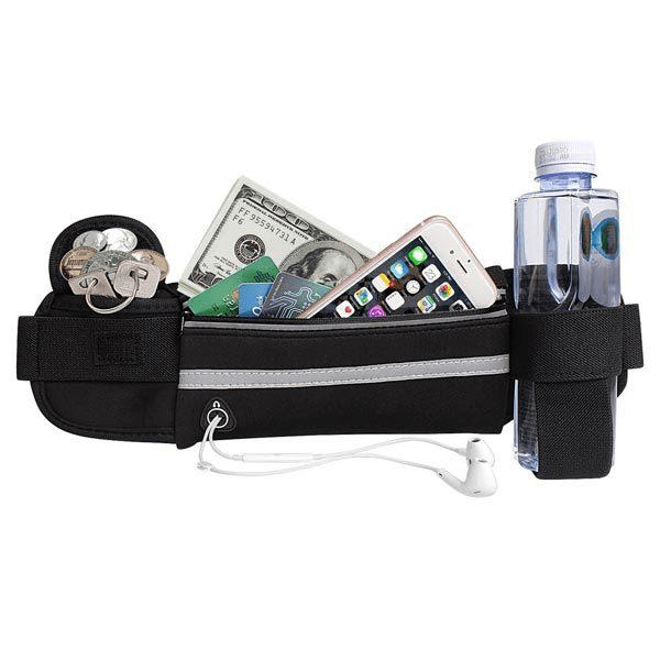 Riñonera Premium Running Deportes Con Cierre + 2 Compartimientos Y Pie Botella Color Negro