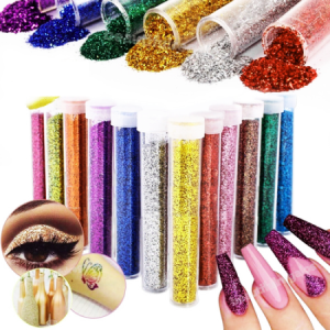X3 Tubos Con Tapa Glitter Purpurina  Diseño Rostro Uñas 7,5×1,3Cm Color Azul Dorado Verde
