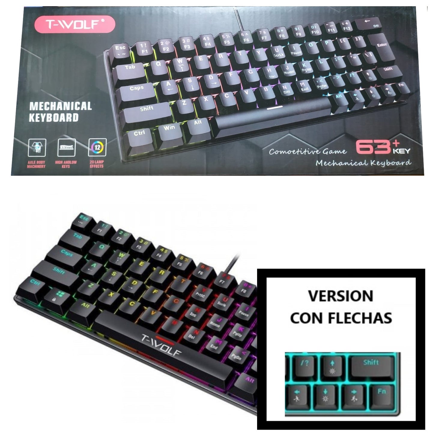 Teclado Mecanico 60% Led Rgb Wolf T 63 Teclas V2 (Con Flechas) Gamer 29 x 10Cm