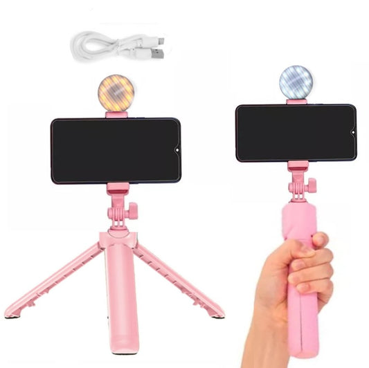 Trípode Celular Selfie Giro 360° Aro Led recargable Retráctil Cable Incluido, Color Rosa
