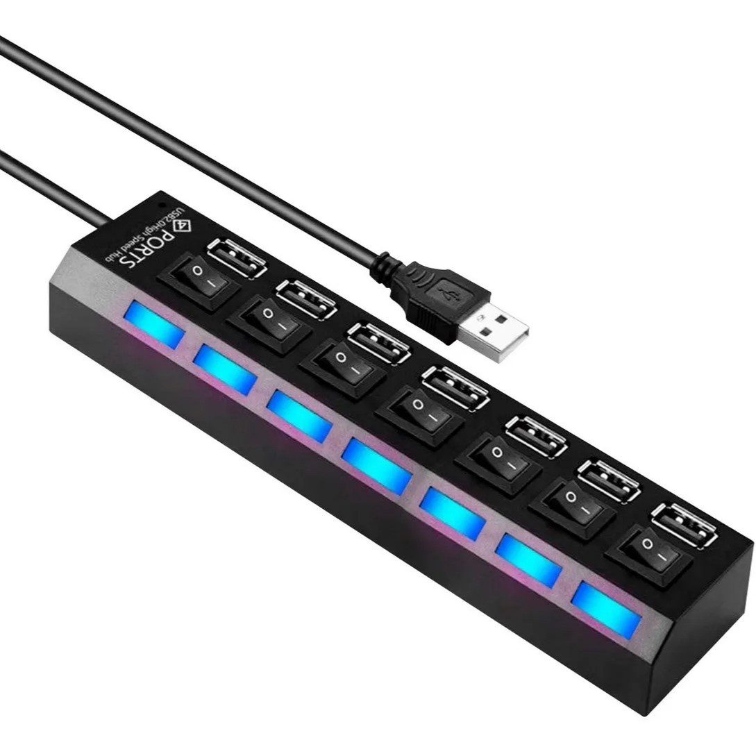 Hub Usb 7 Puertos Usb Luz Led Pc Notebook Color Negro