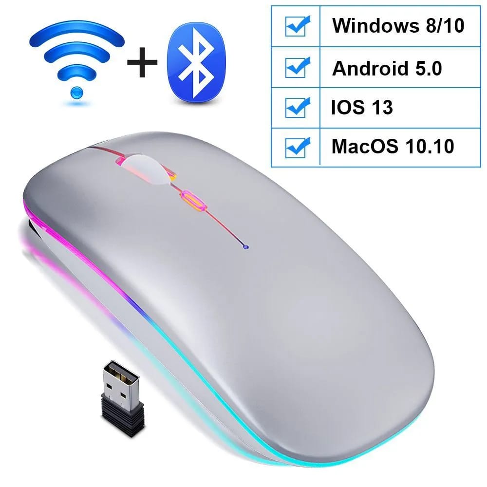 Mouse Recargable Rgb Led Inalámbrico 2 Modos: Pin Usb + Bluetooth Integrado Color Gris