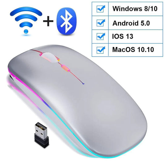 Mouse Recargable Rgb Led Inalámbrico 2 Modos: Pin Usb + Bluetooth Integrado Color Gris