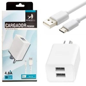 Cargador Royal Premier 4.8A 2 Usb + Cable Separado Usb A Micro Usb V8