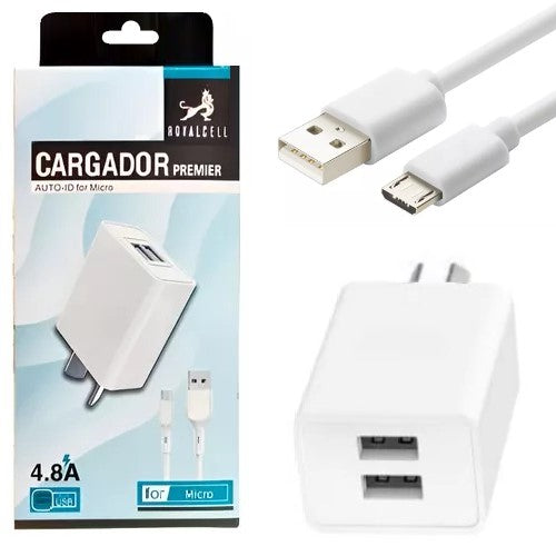 Cargador Royal Premier 4.8A 2 Usb + Cable Separado Usb A Micro Usb V8