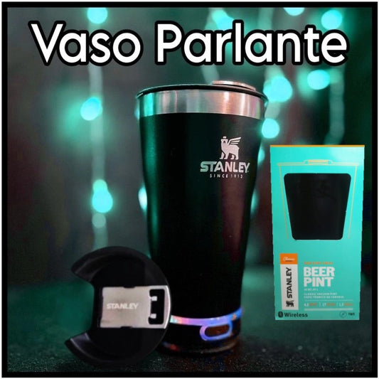 Vaso Metal Con Parlante Led 480ml Logo Stanley Con Tapa y Destapador, Recargable + Cable, Color Negro