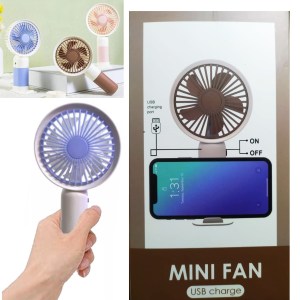Ventilador de Mano 15X8cM Recargable + Pie Encastrable Con Porta celular, Color Blanco Con Lila