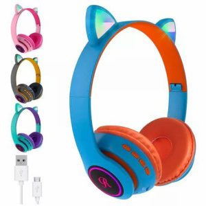 Auriculares EJ Inalámbrico Bluetooth Orejas De Gato Luces Rgb Vincha Color Azul