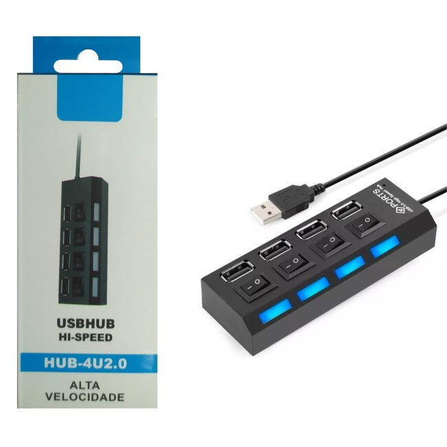 Hub Usb 4 Puertos Usb Luz Led Pc Notebook + Entrada Power Color Negro (En Caja)