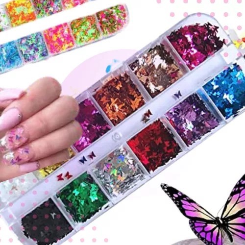 Decoración Mariposas Para Uñas 12 Compartimientos Caja Nail Plano