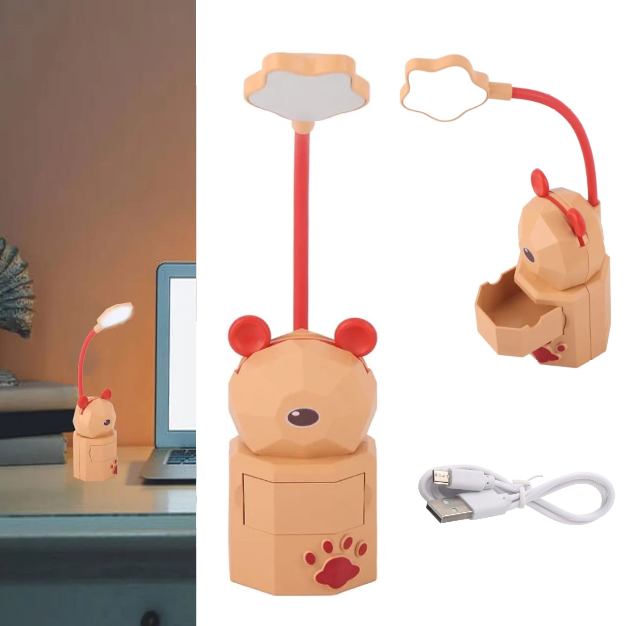 Lámpara Velador Led Recargable + Cable Modelo: Osito Cajon Color Marron