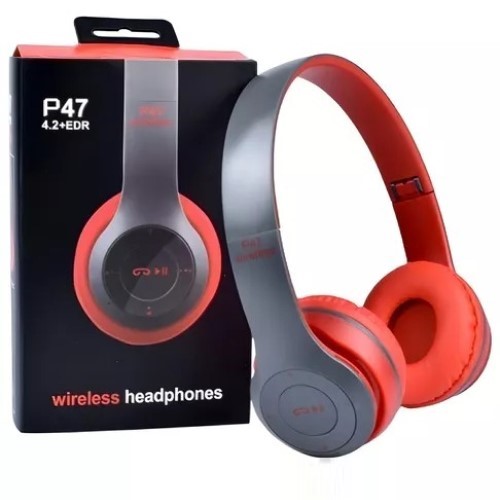 Auriculares Vincha P47+R Inalámbrico Radio Micro Sd Bt C/Mic Color Negro con Rojo