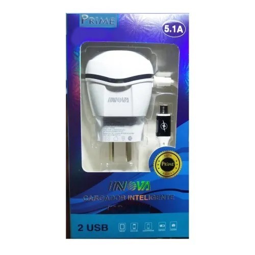 Cargador Inova 5.1A 2 Usb Con Cable Incluido Micro Usb V8 &#8211; Colores