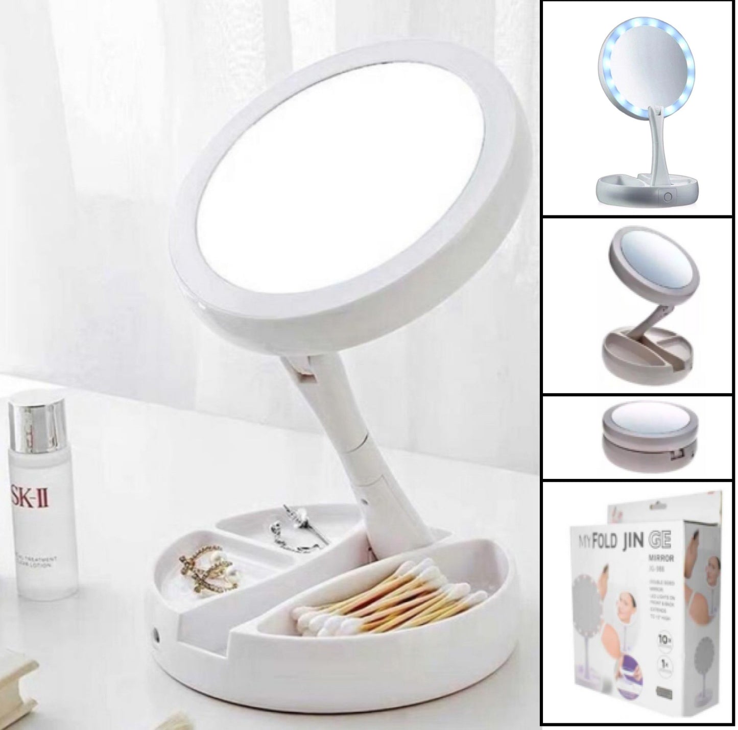 Espejo Led Para Maquillaje Con Bandeja Transportable Plegable Aumento 10