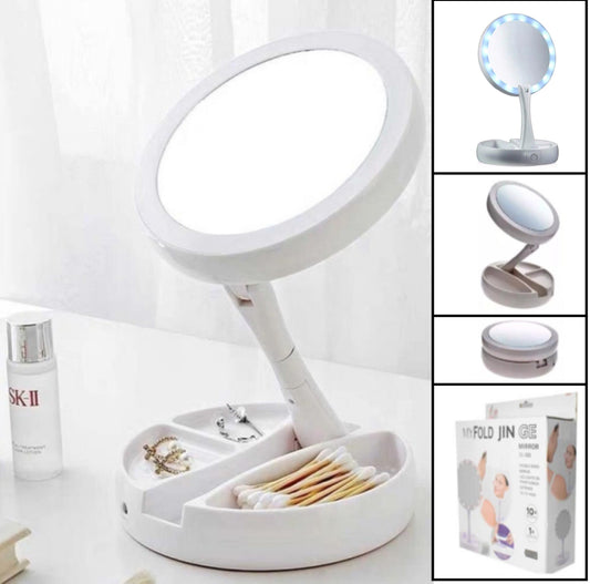 Espejo Led Para Maquillaje Con Bandeja Transportable Plegable Aumento 10