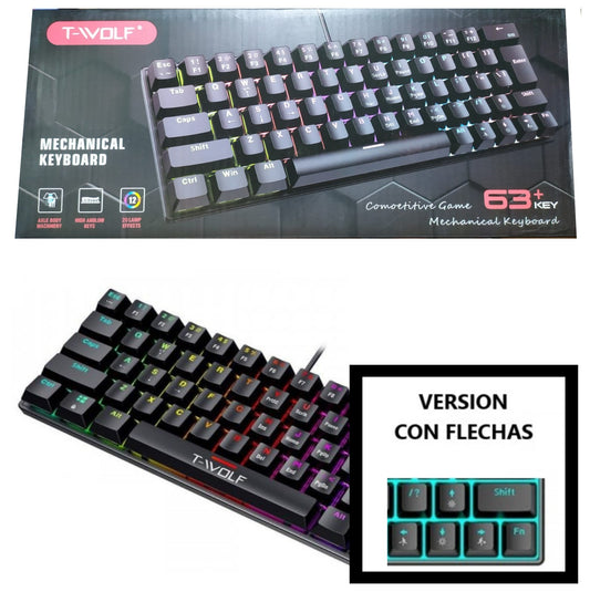 Teclado Mecanico 60% Led Rgb Wolf T 63 Teclas V2 (Con Flechas) Gamer 29 x 10Cm