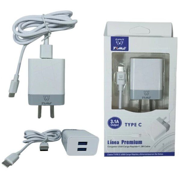 Cargador Time 3.1A 2 USB + Cable Separado &#8221; Tipo C  &#8221; Car. Rapida (Caja Grande)