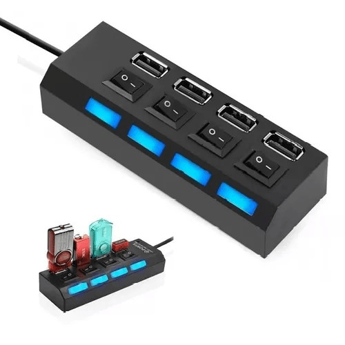 Hub Usb 4 Puertos Usb Luz Led Pc Notebook + Entrada Power Color Negro